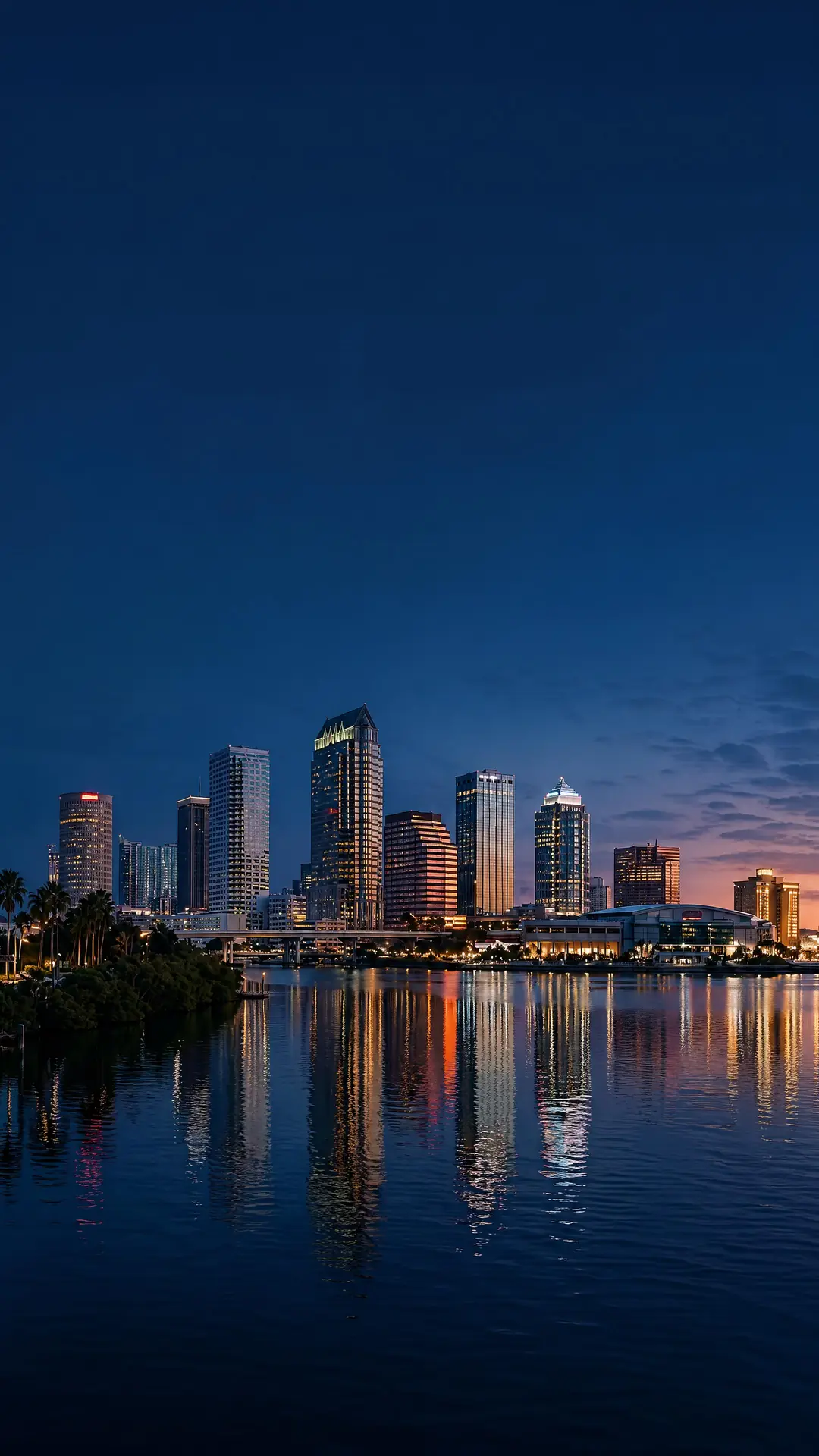 Tampa Bay skyline and waterfront at dusk