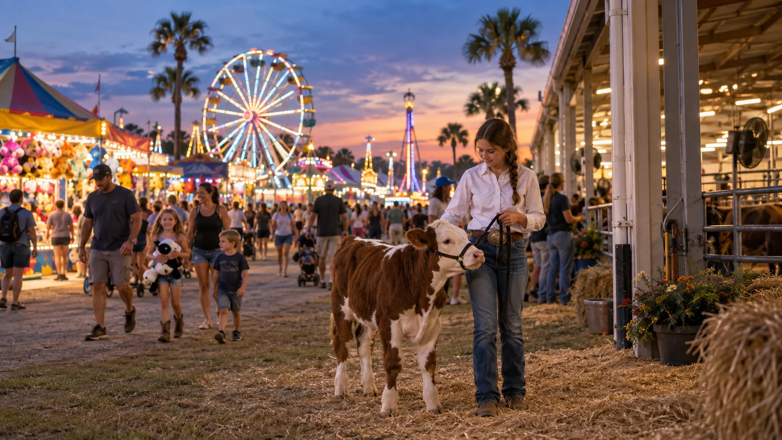 A young exhibitor leading a calf beside the glowing midway at a Florida county fair