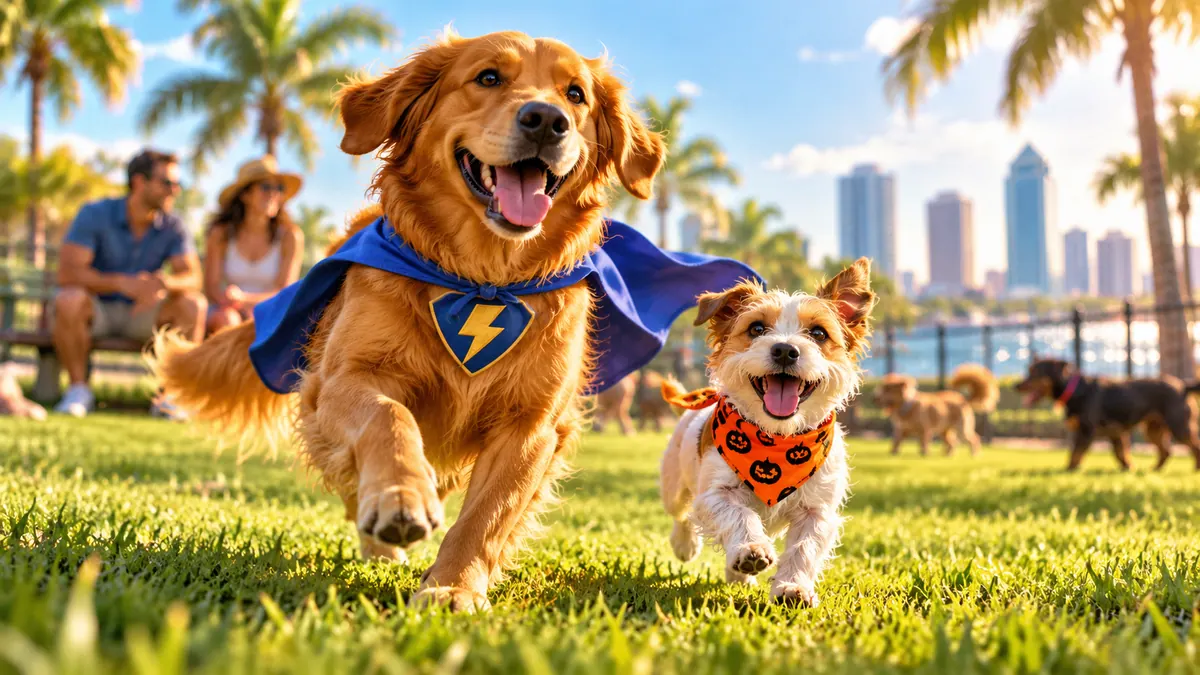 Original conceptual illustration of two dogs wearing comfortable Halloween costumes in a sunny Florida park, not a photograph of the actual event or venue