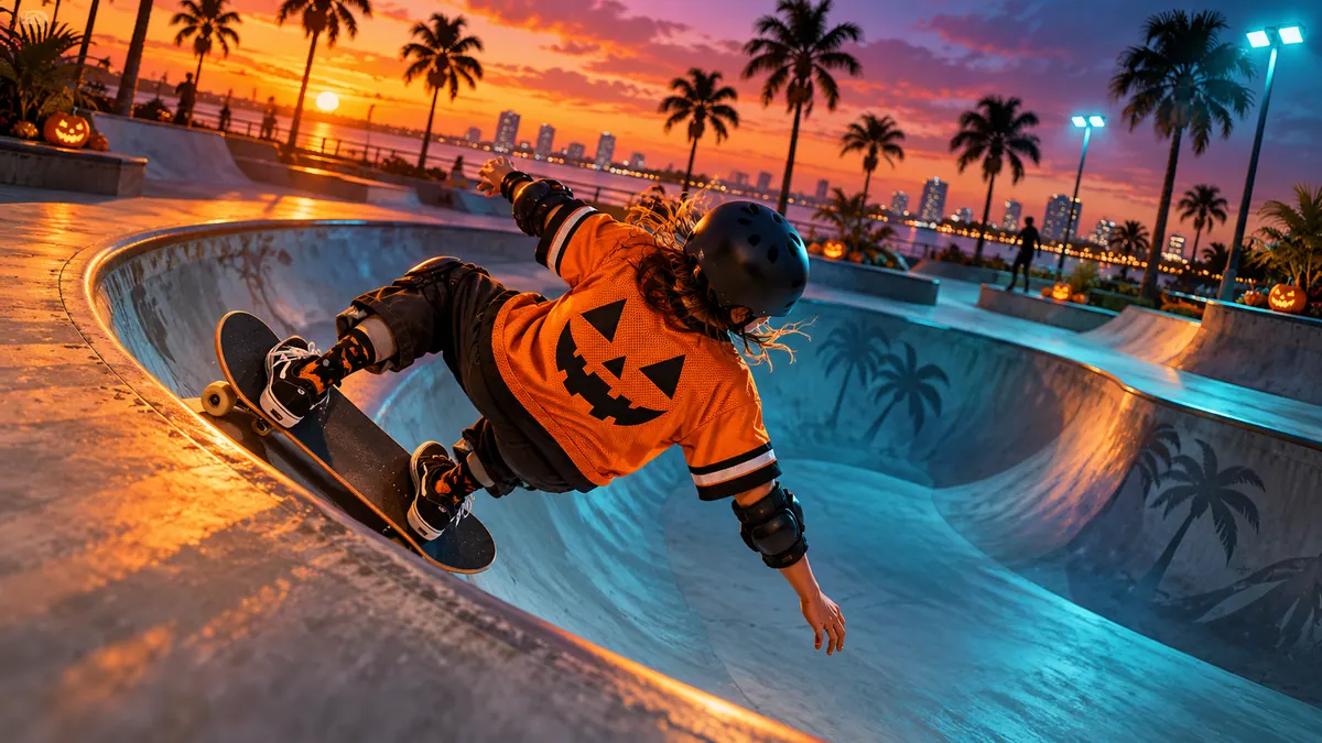 Original conceptual illustration of a helmeted skateboarder in a pumpkin jersey carving a concrete bowl, not an actual Apollo Beach venue photograph