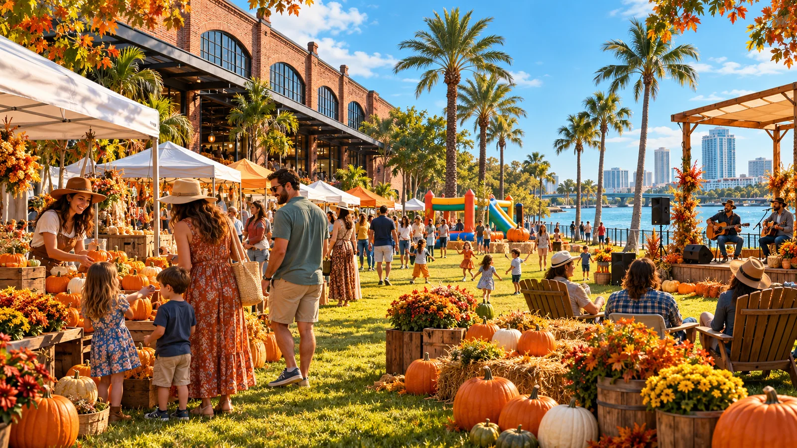 Original conceptual illustration of a daytime fall market beside a brick food hall and river, not an actual festival photograph