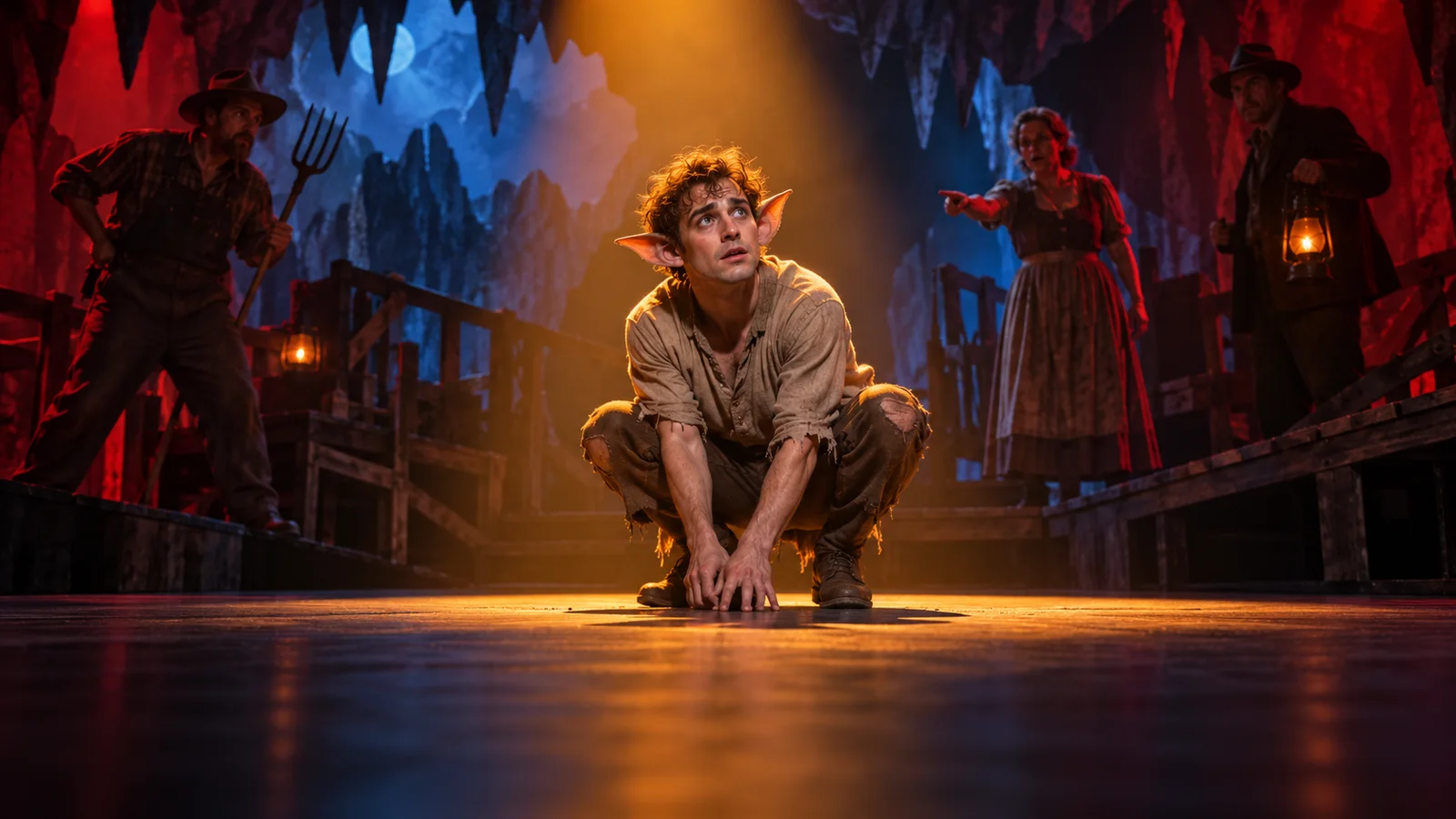 Original illustration of a fictional performer with bat prosthetic ears on a dramatic cave stage set