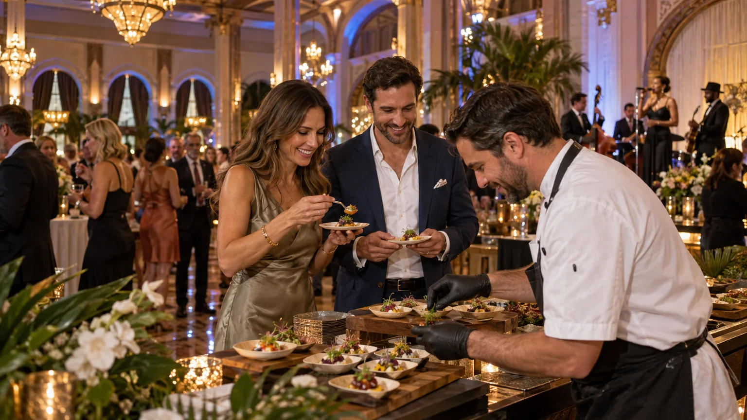 A chef serving small plates to guests at a grand historic St. Petersburg ballroom party