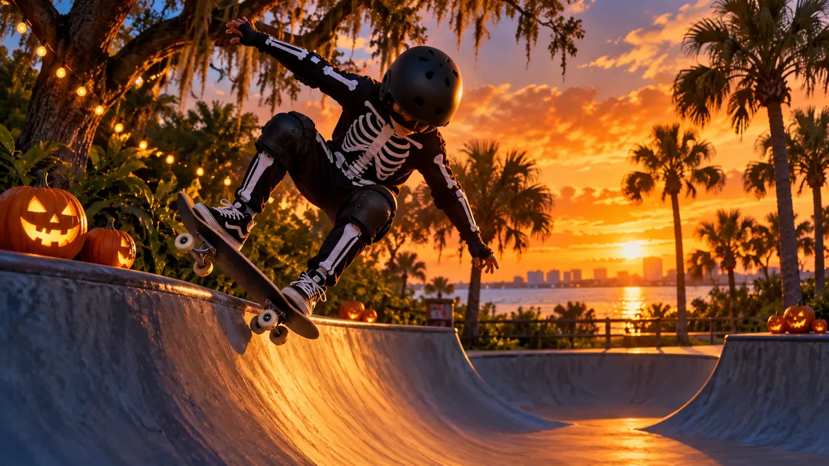 Original conceptual illustration of a helmeted skater in a skeleton costume at a Florida skate park, not a photograph of the event or venue
