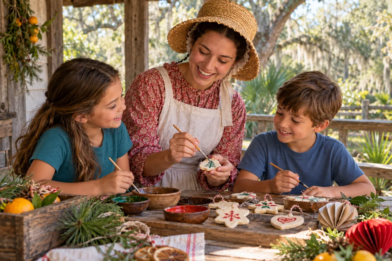 A period-dressed museum interpreter helps modern-day young visitors paint handmade Christmas ornaments on a shaded Florida porch