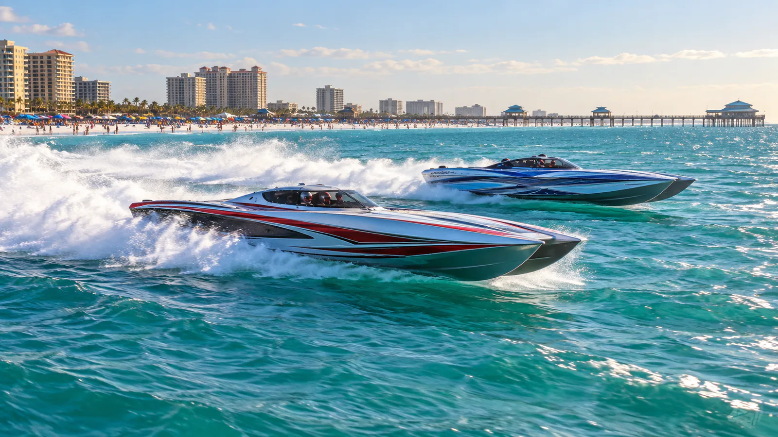 Offshore powerboats racing across turquoise Gulf water near Clearwater Beach