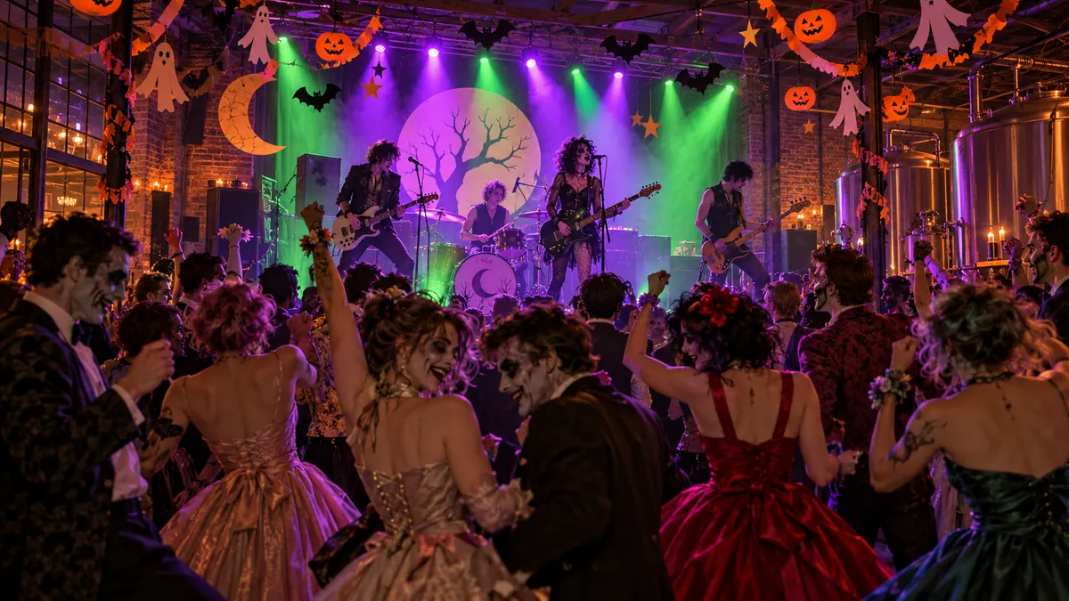 Original conceptual illustration of an adult Halloween prom with a fictional band in a brewery performance space, not a photograph of Coppertail or the advertised performers