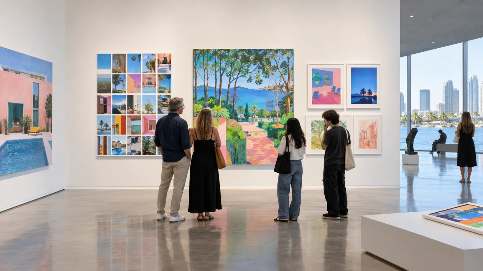 Visitors exploring colorful modern prints and photo collages in a bright Tampa museum gallery