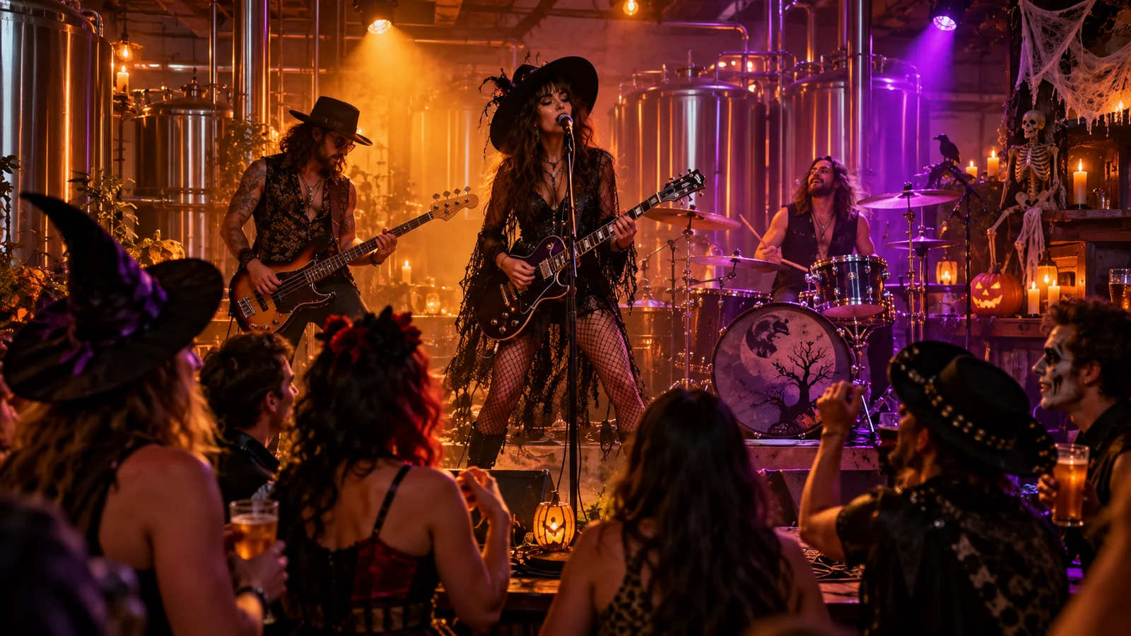 Original illustration of a fictional rock trio performing for costumed adults in an intimate brewery taproom