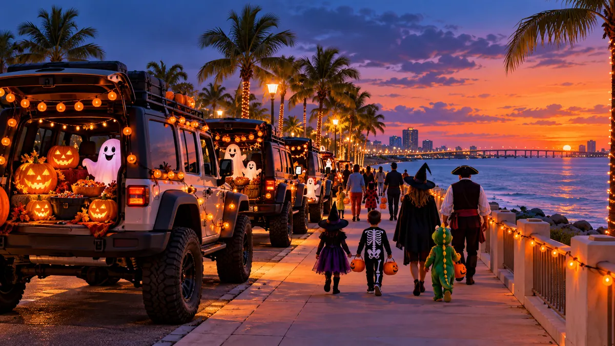 Original conceptual illustration of decorated off-road vehicles and families at a Florida causeway Halloween gathering, not an actual event photograph