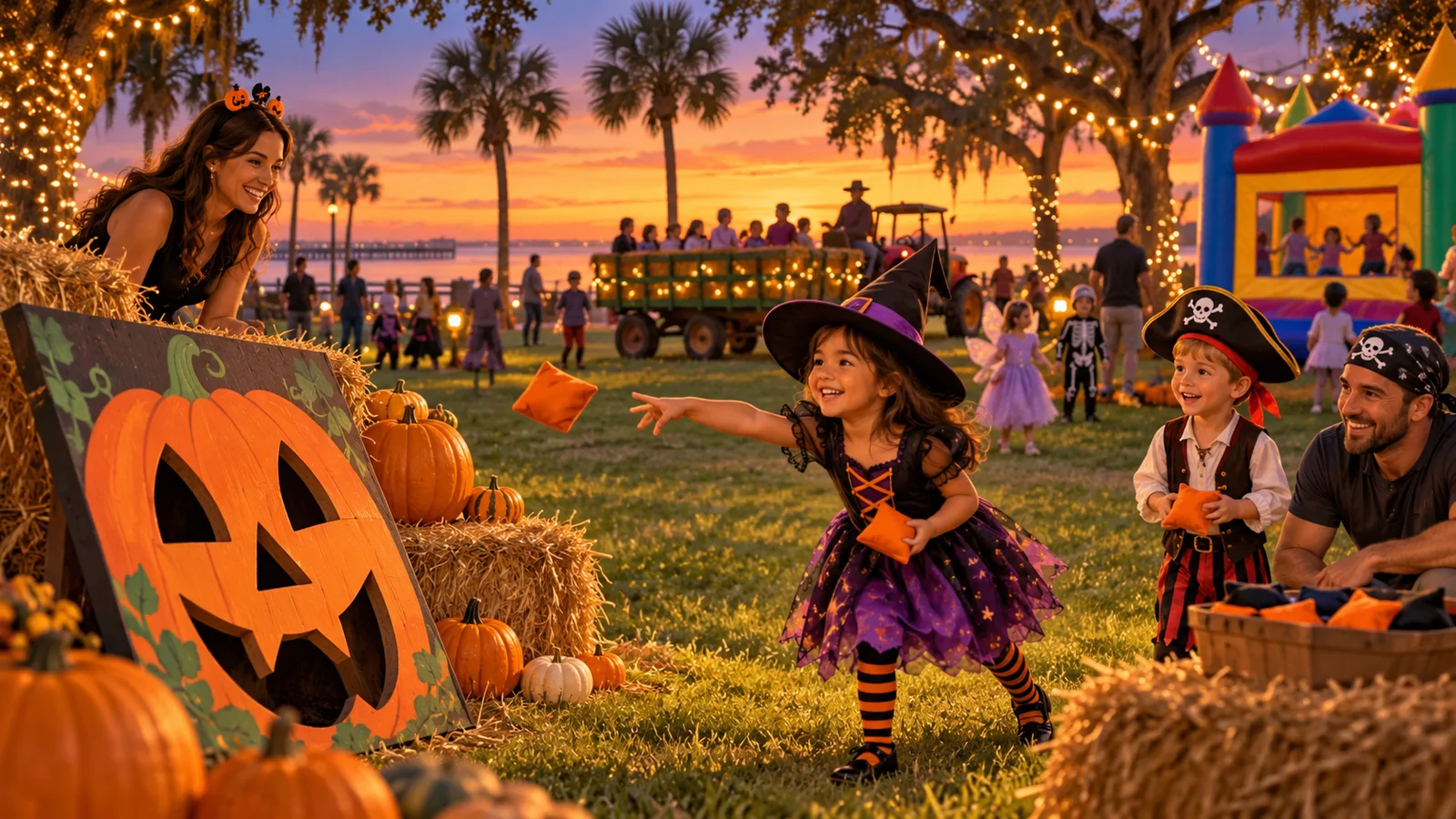 Original illustration of costumed children playing a pumpkin carnival game beside a bounce house and hay wagon