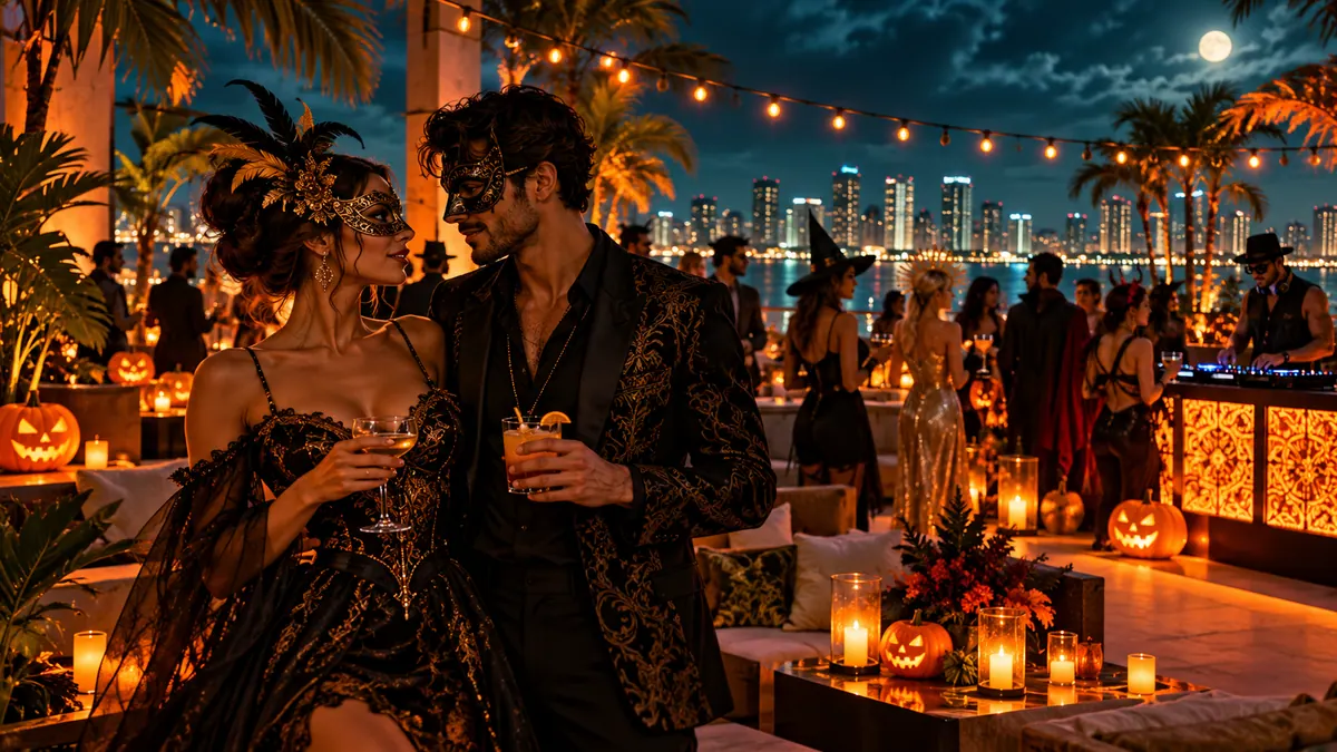 Original conceptual illustration of adults at a rooftop Halloween costume gathering, not an actual EDGE or Epicurean Hotel photograph