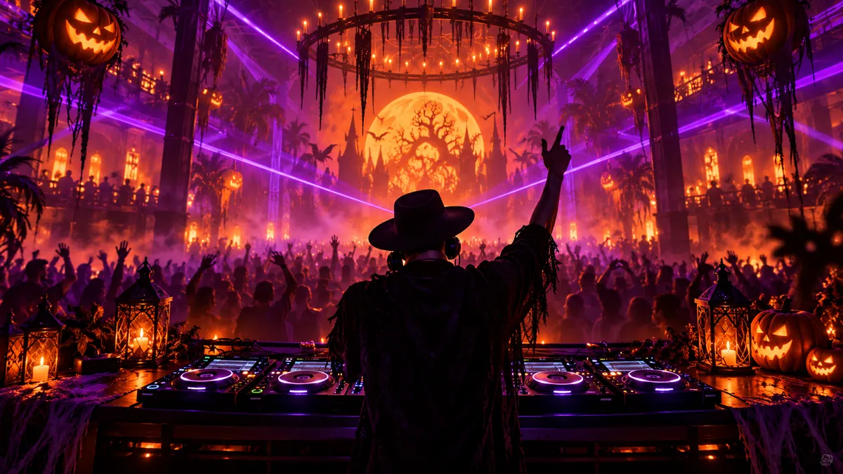 Original conceptual illustration of an anonymous DJ and adult Halloween crowd under purple and orange lights, not a portrait of Eli Brown or a photograph of The RITZ