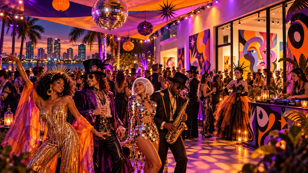 Original conceptual illustration of adults in music-inspired Halloween costumes at an art gallery canopy party, not a photograph of The Factory or FloridaRAMA