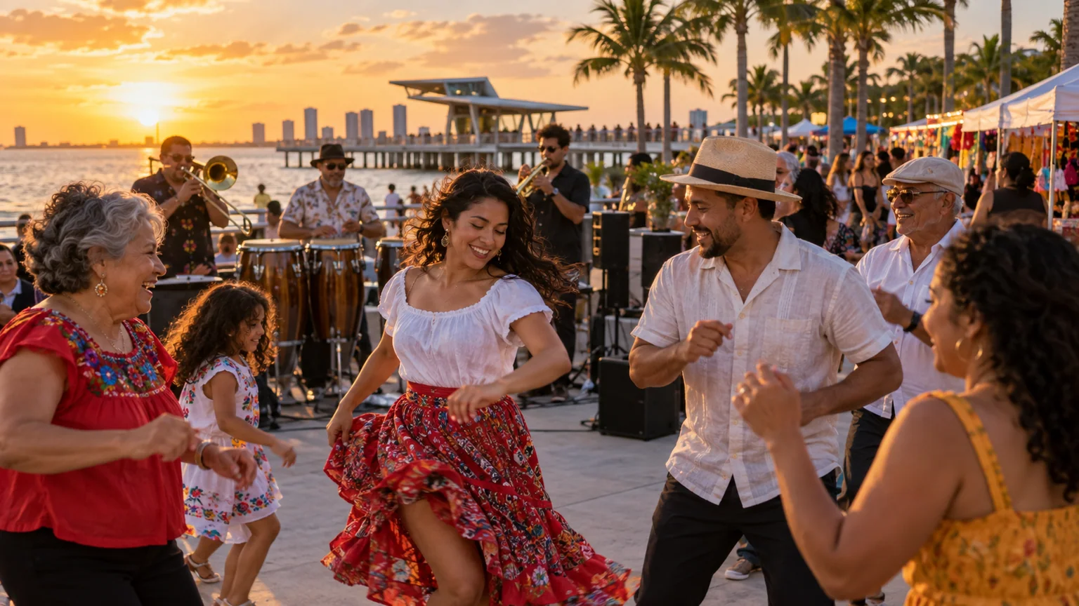 A multigenerational Latin dance celebration beside the St. Pete Pier at sunset