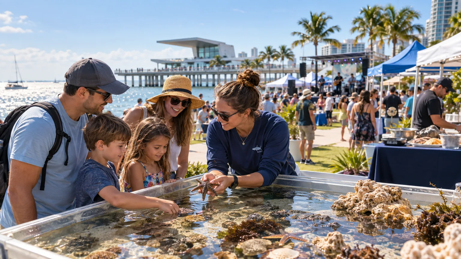 A marine educator showing local sea life to a family at a St. Pete waterfront festival