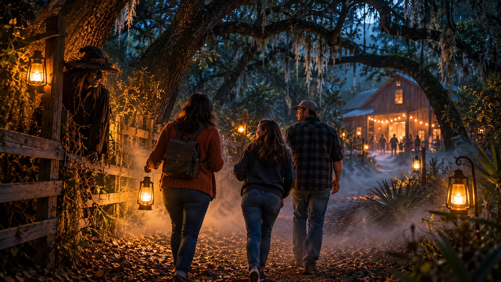 Original illustration of visitors walking a lantern-lit wooded haunted trail beside a rustic fence