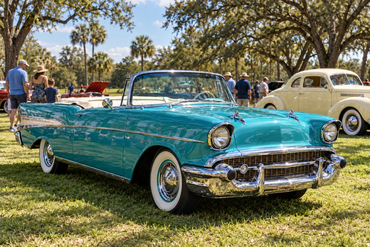 A teal classic convertible and cream vintage coupe stand on a grassy Florida park show field as families browse beneath oak trees