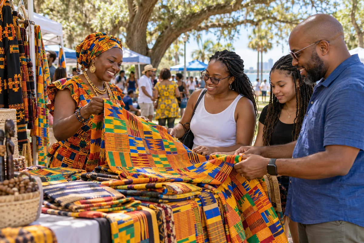 An artisan presents colorful Ghanaian patterned textiles to visitors at an outdoor cultural festival stall