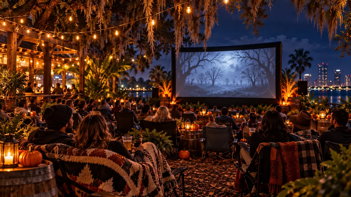Original conceptual illustration of an outdoor Halloween movie evening in a Florida beer garden, not a Green Bench photograph or a still from the advertised films