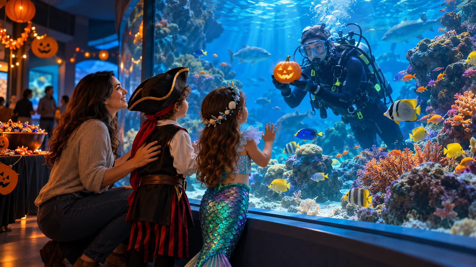 Original illustration of costumed families watching a diver beside a pumpkin in a blue aquarium reef window
