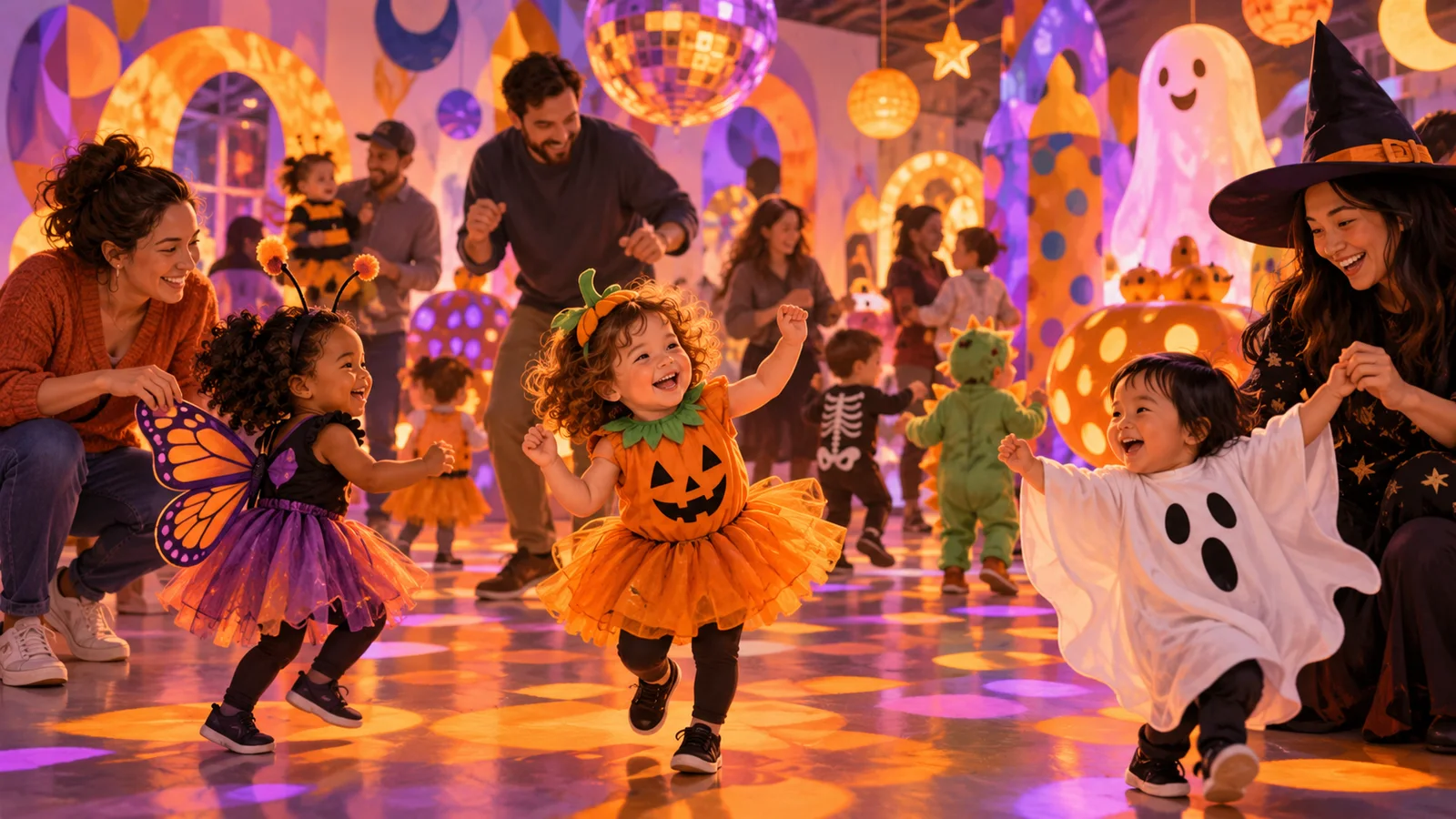 Original illustration of toddlers in friendly Halloween costumes dancing with parents inside a colorful art venue