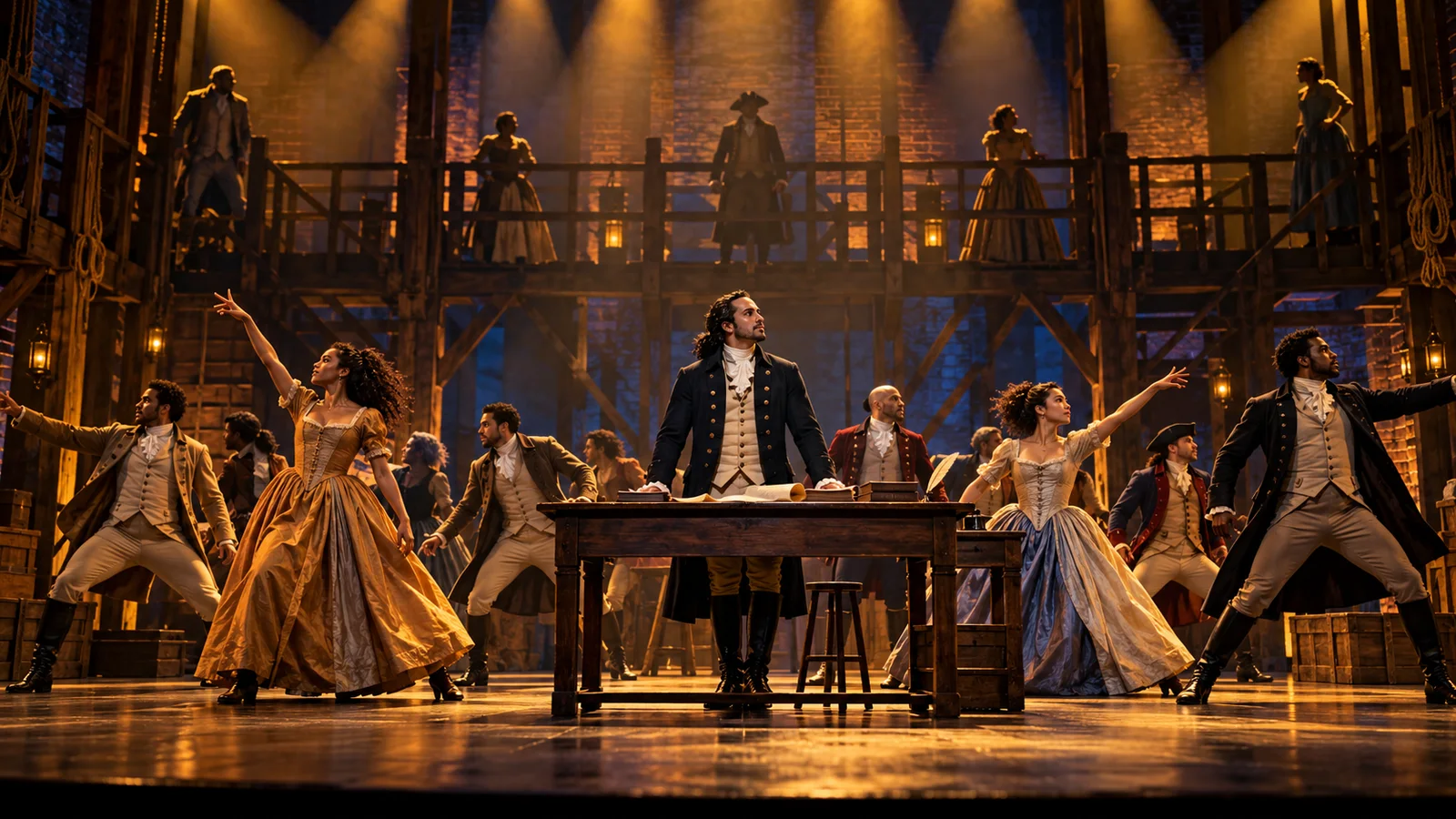 Original conceptual illustration of a fictional historical musical ensemble, not the actual Hamilton cast or production