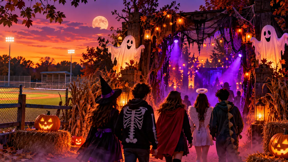 Original conceptual illustration of a supervised teen Halloween haunt near a community baseball field, not a photograph of actual participants or Huggins-Stengel Field