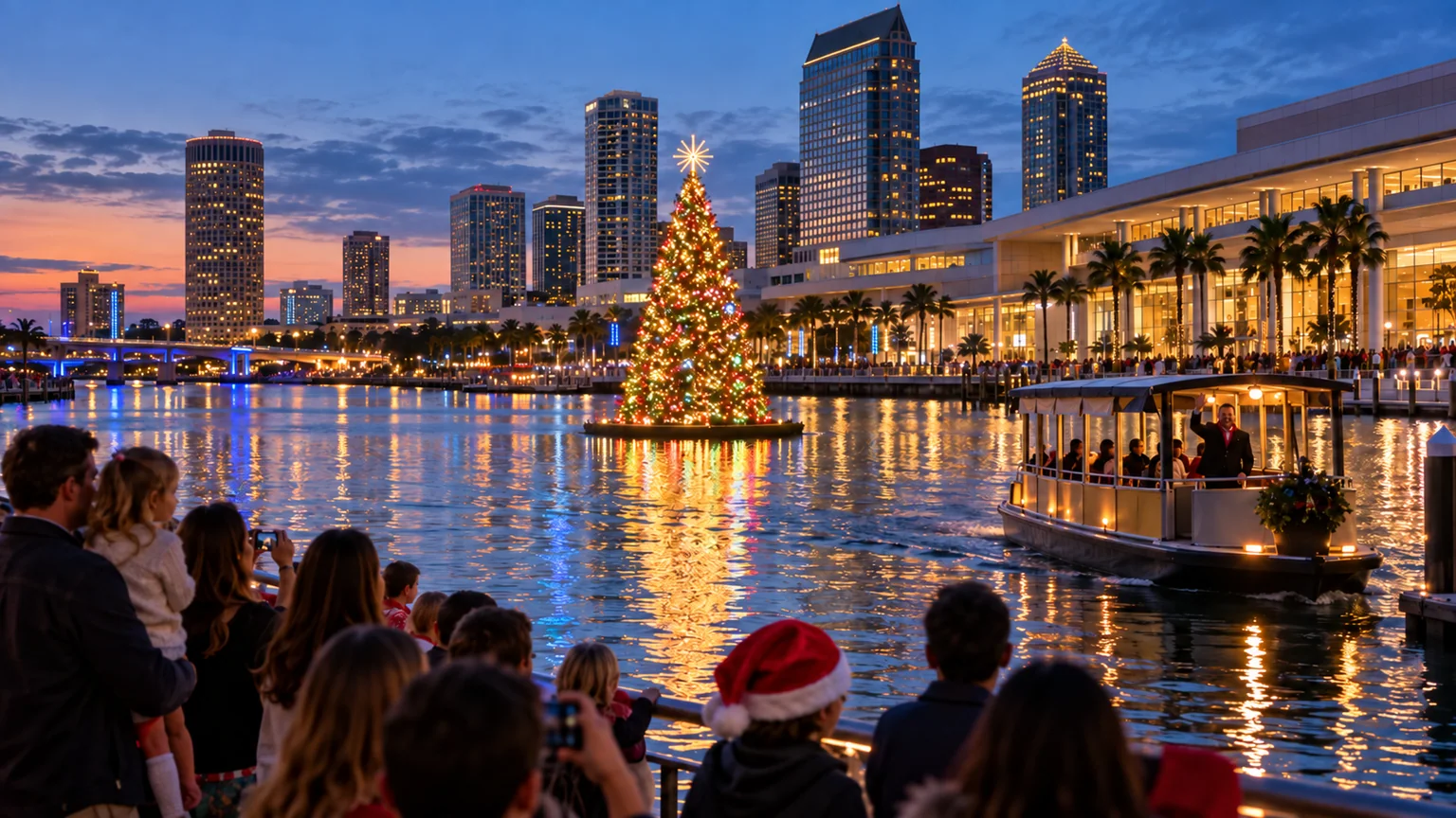 A floating Christmas tree and water taxi glowing on the downtown Tampa harbor at blue hour