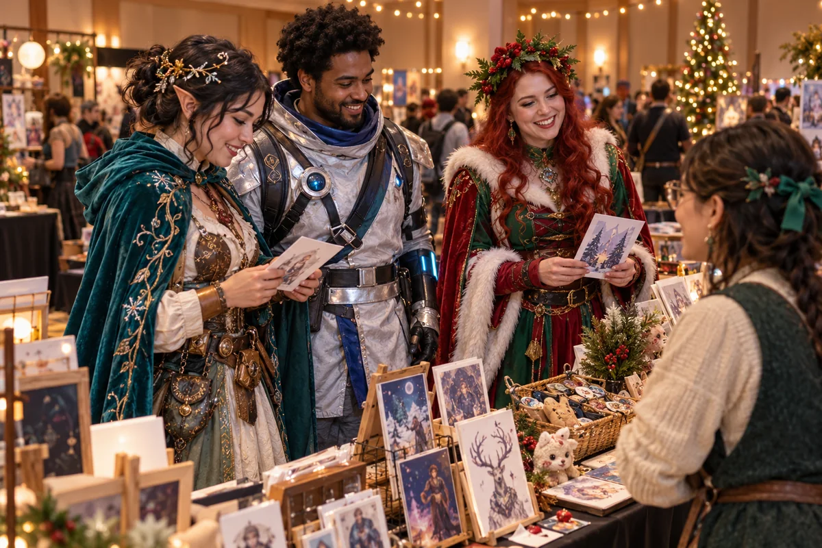 Adults in original fantasy and science-fiction costumes browse an artist table in a festive holiday convention marketplace
