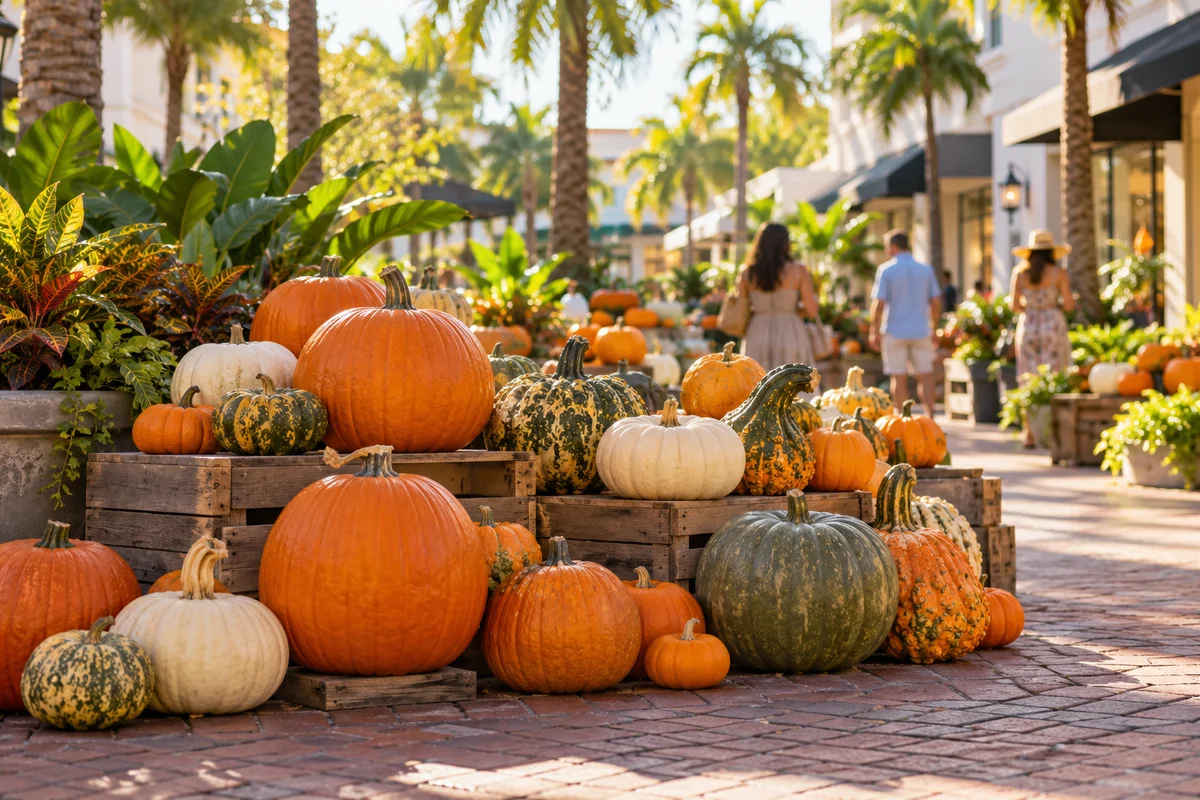 Orange, cream and green pumpkins fill wooden crates in a sunny palm-lined shopping courtyard