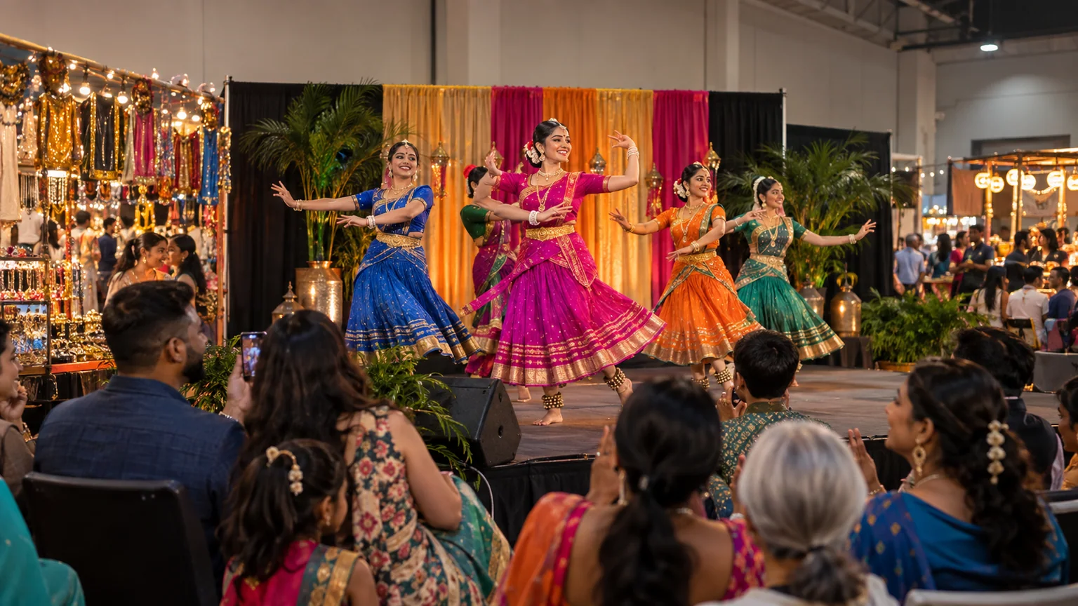 An Indian dance ensemble performing for families at a colorful Tampa cultural festival