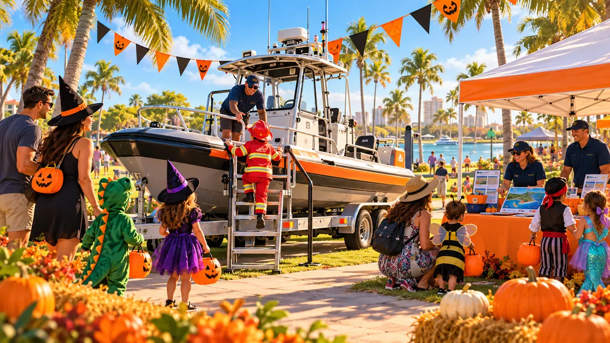Original conceptual illustration of families visiting a public safety display at a sunny Halloween park festival, not an actual Kolb Park photograph