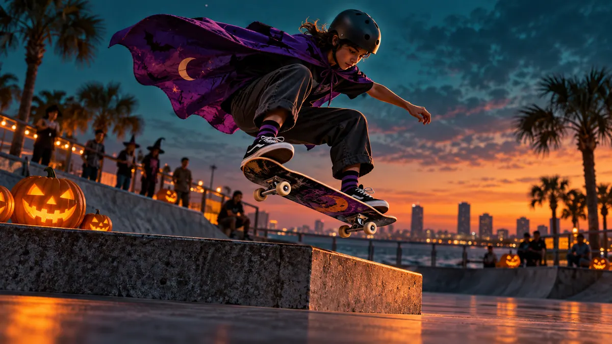 Original conceptual illustration of a helmeted skater in a purple Halloween cape, not an actual Jackson Springs event photograph