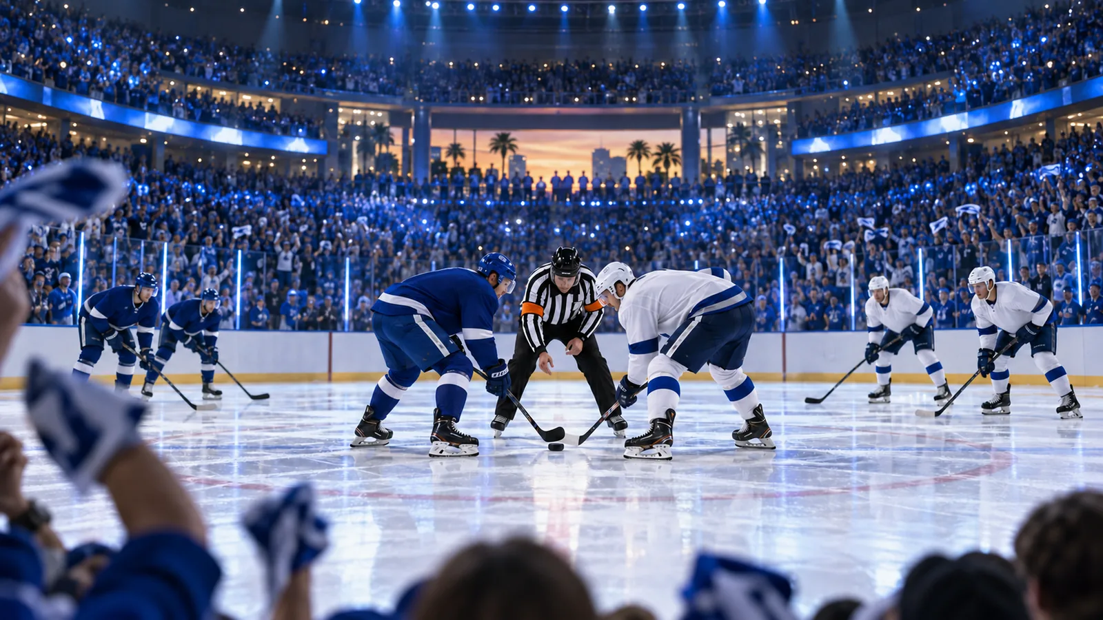 Two unbranded hockey teams gathering for the opening faceoff before a packed blue-lit arena crowd