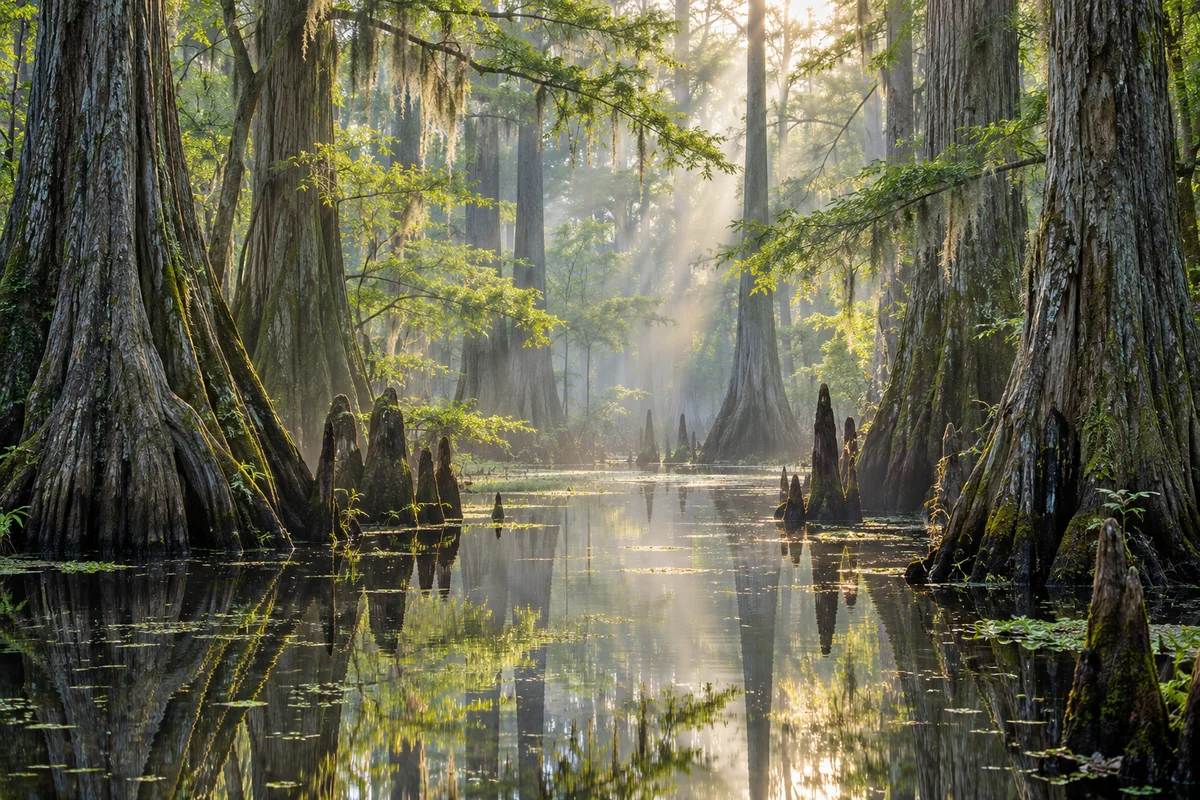 Ancient cypress trunks and knees reflect in still water beneath a green wetland canopy