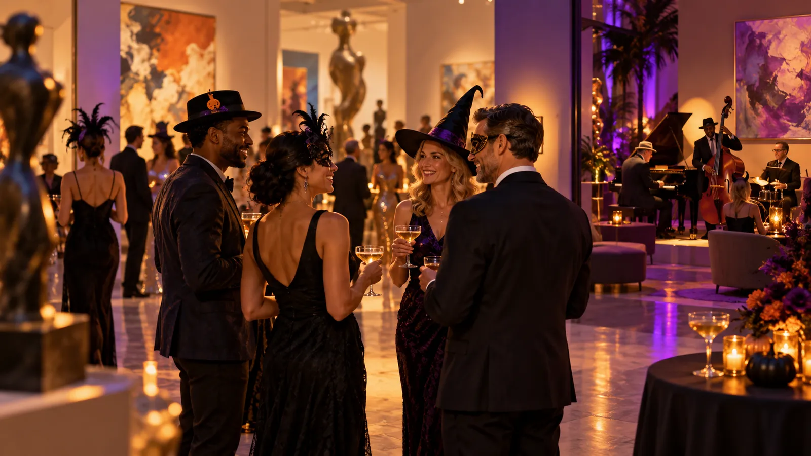 Original conceptual illustration of visitors in Halloween accessories enjoying an evening art gallery and jazz lounge, not an actual museum photograph