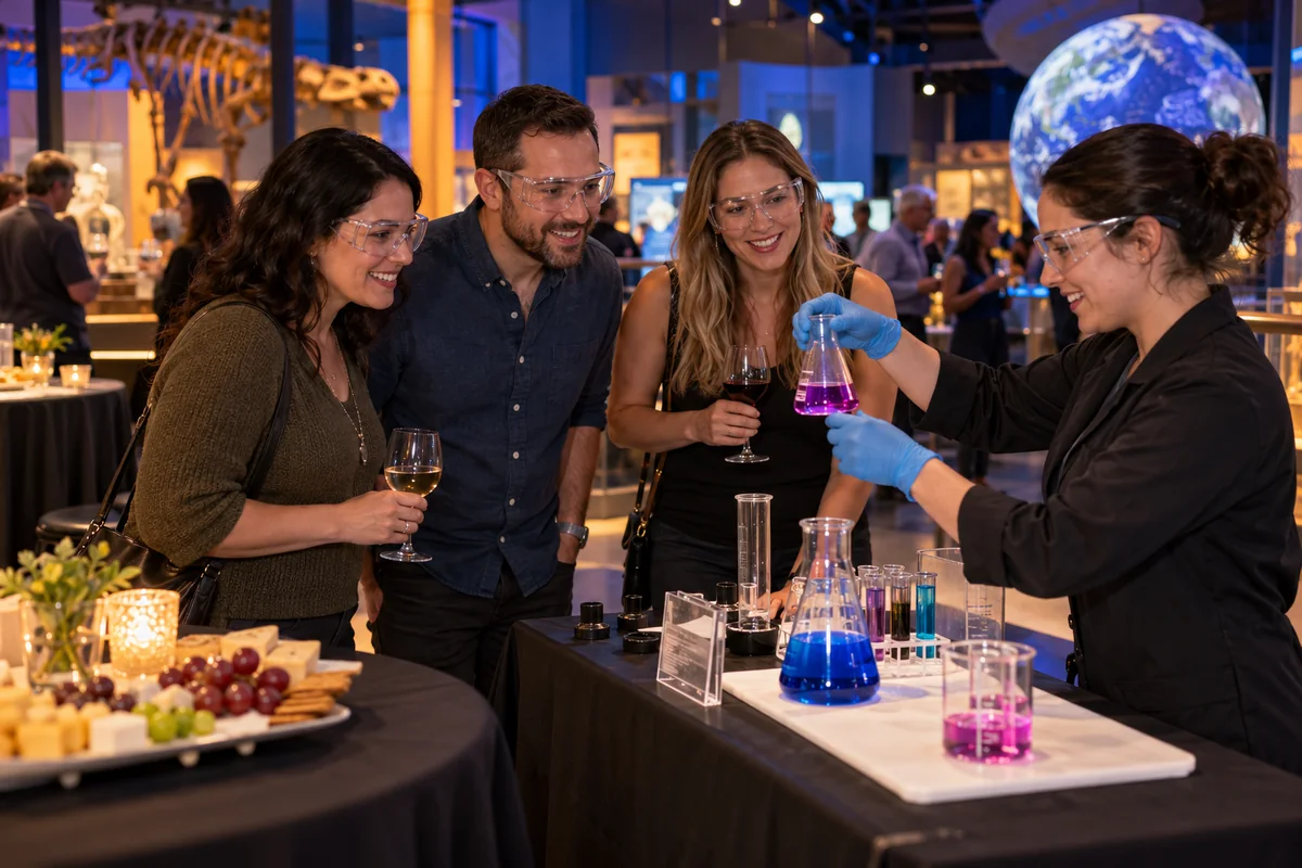 Adults wearing safety goggles watch a staffed chemistry demonstration beside a separate refreshments table in a science museum