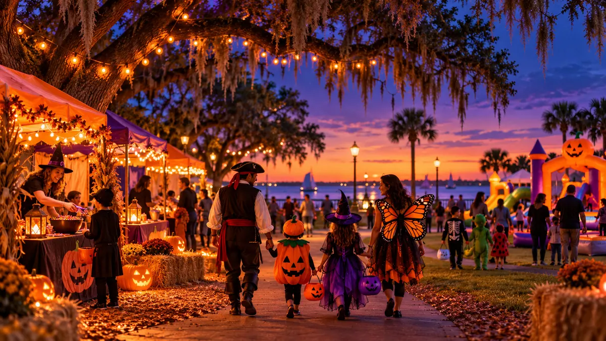 Original conceptual illustration of a friendly Halloween celebration at a Florida waterfront park, not a photograph of R. E. Olds Park or the event
