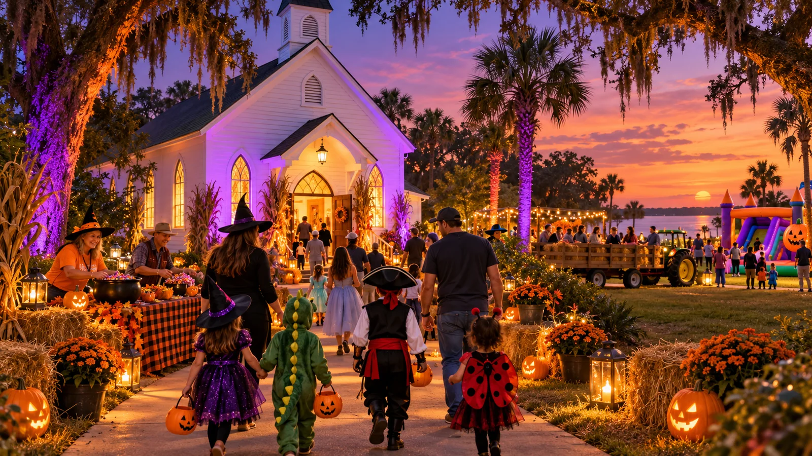 Original conceptual illustration of costumed families at a community carnival beside a white chapel, not a photograph of the venue