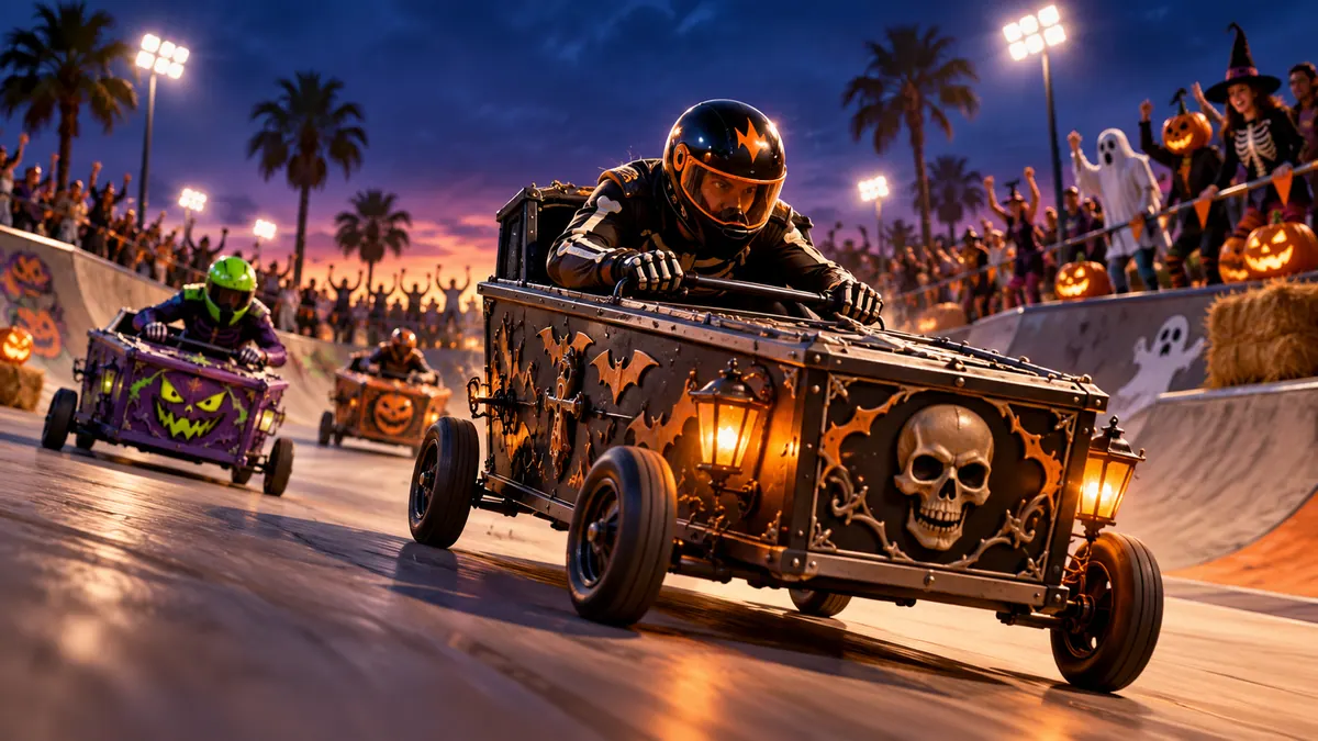 Original conceptual illustration of a playful Halloween coffin cart race at a skate park, not a photograph of the actual course or event