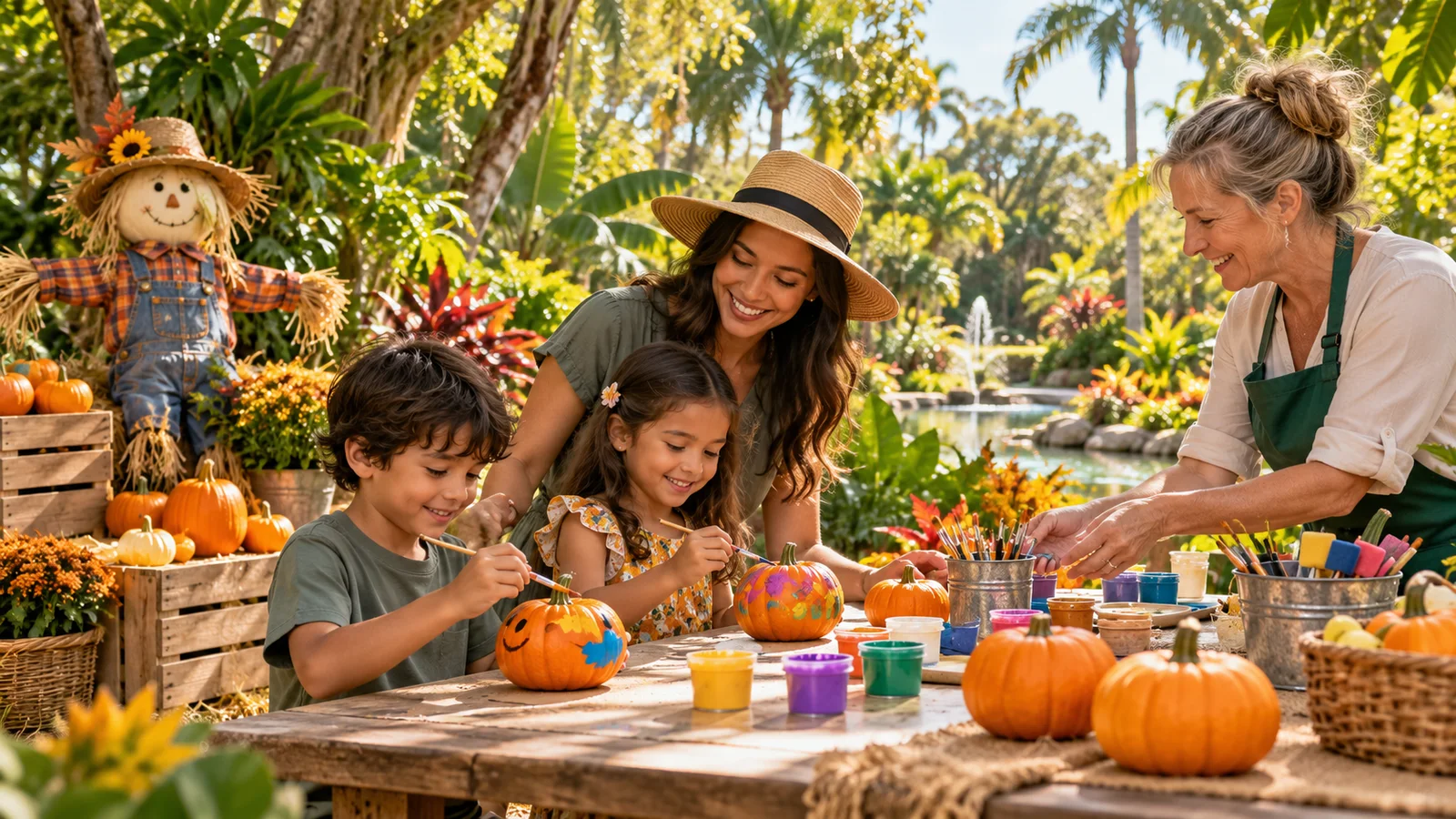 Original illustration of families painting pumpkins at a table in a lush subtropical garden