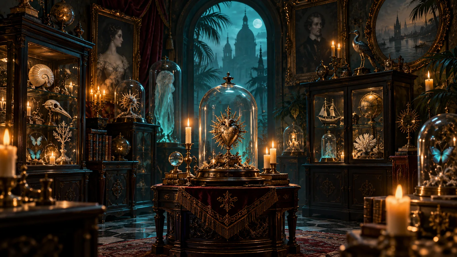 Original illustration of a Victorian Gothic reliquary room with antique cabinets, curious artifacts and candlelight
