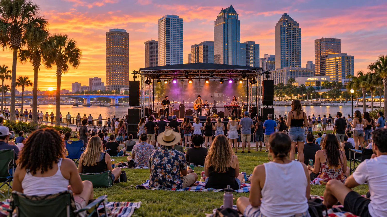 A local band performing for a sunset crowd on the downtown Tampa waterfront