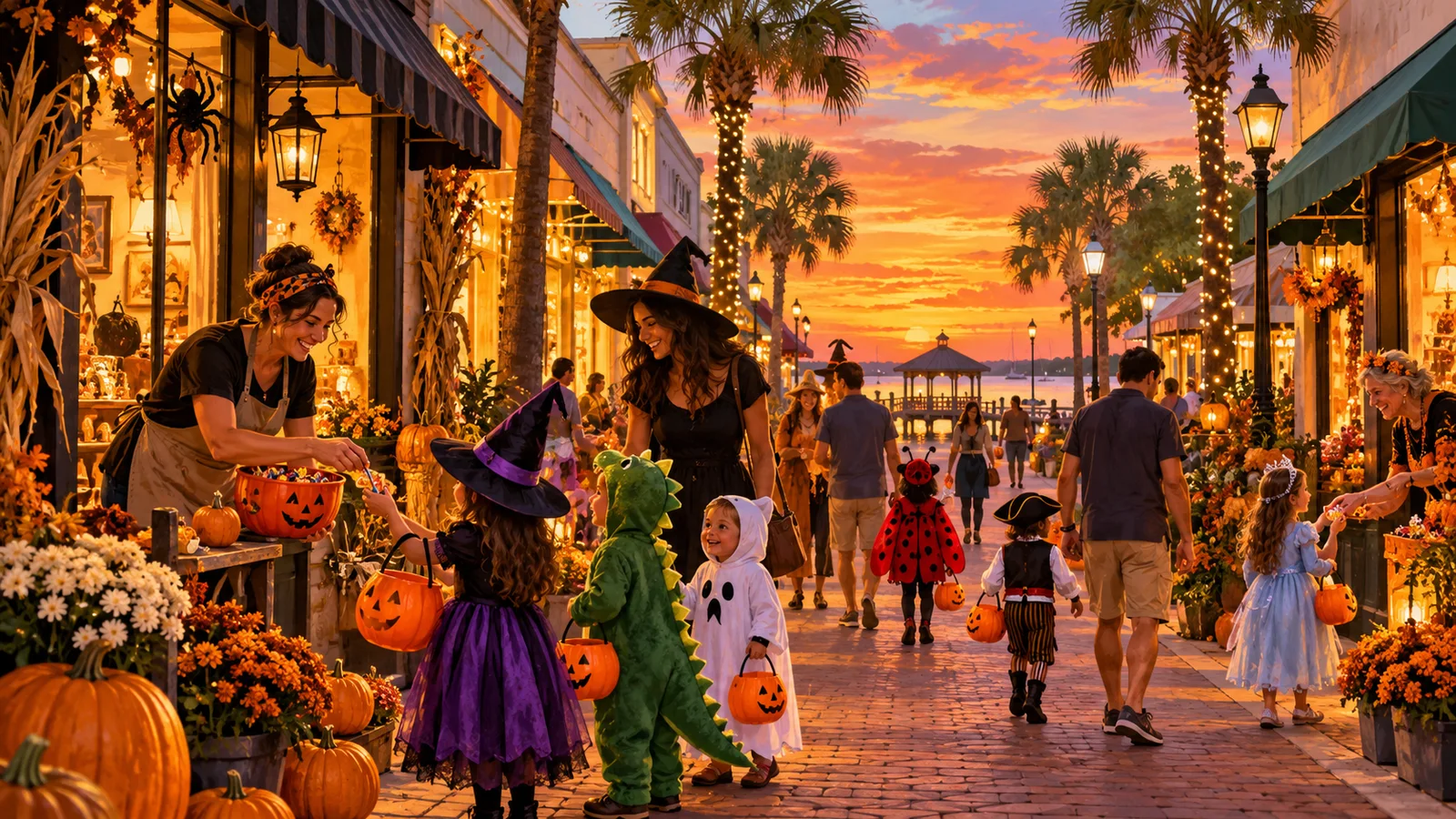 Original illustration of families receiving Halloween candy from shopkeepers on a pedestrian Florida main street