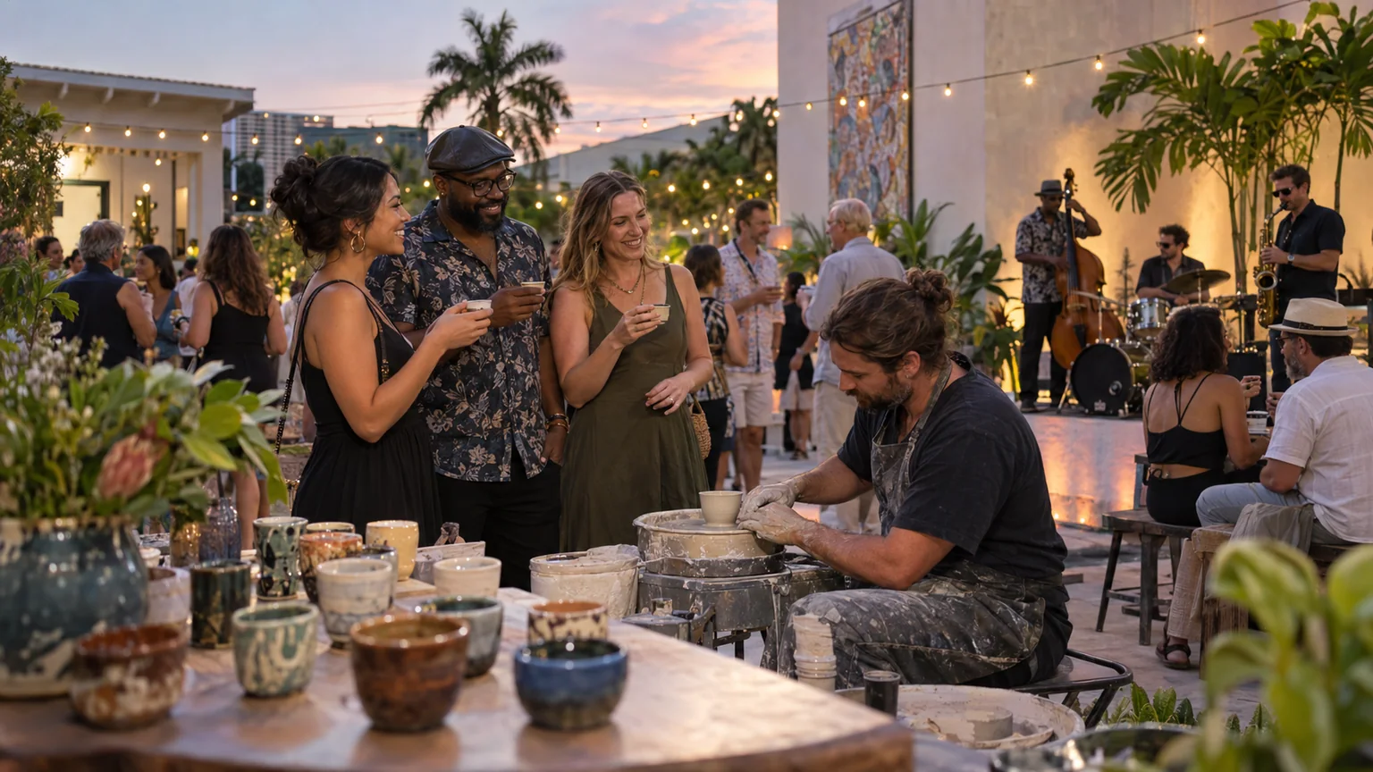 Guests sampling sake beside a pottery demonstration and jazz trio in a St. Petersburg courtyard