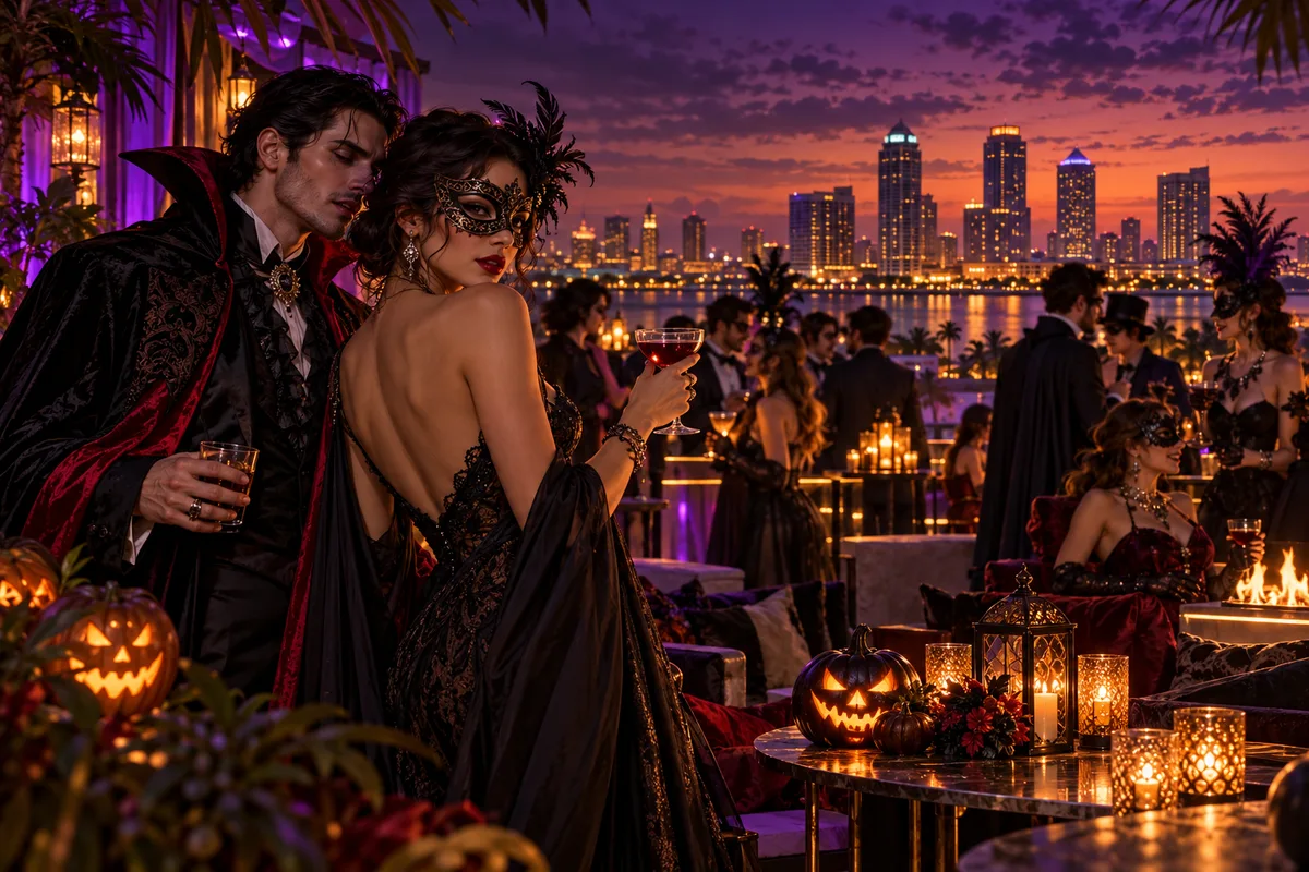 Original conceptual illustration of an adult Halloween rooftop costume party, not a photograph of Sal Y Mar or its actual guests
