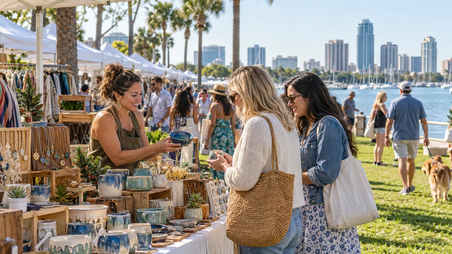 Shoppers browsing handmade pottery and jewelry at a sunny St. Petersburg waterfront market