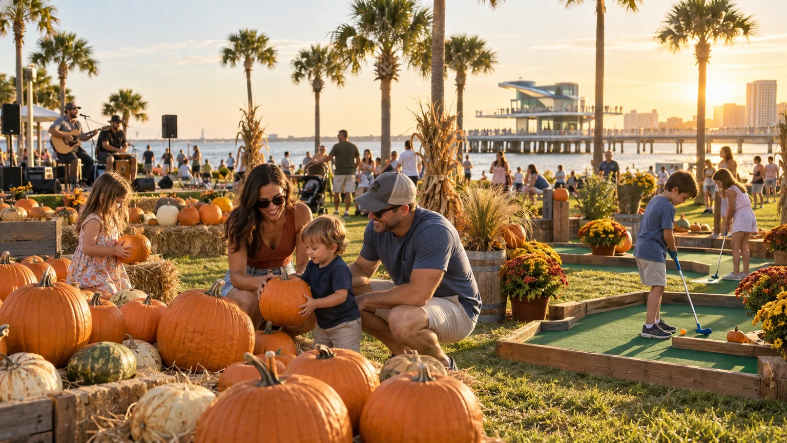 Families choosing pumpkins and playing mini golf beside the St. Pete Pier at golden hour