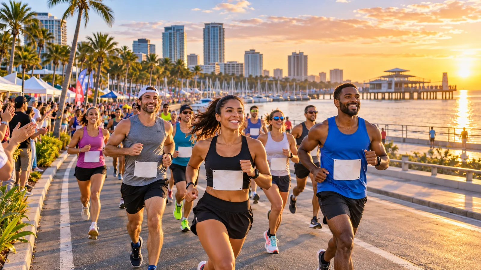 Runners race along the St. Petersburg waterfront at sunrise near Albert Whitted Park